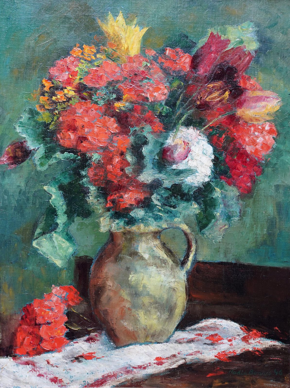 9800.0 Nadia Benois Still Life Of Flowers In Jug   Post Impressionist 1940's Art Floral Oil Painting 1946 photo