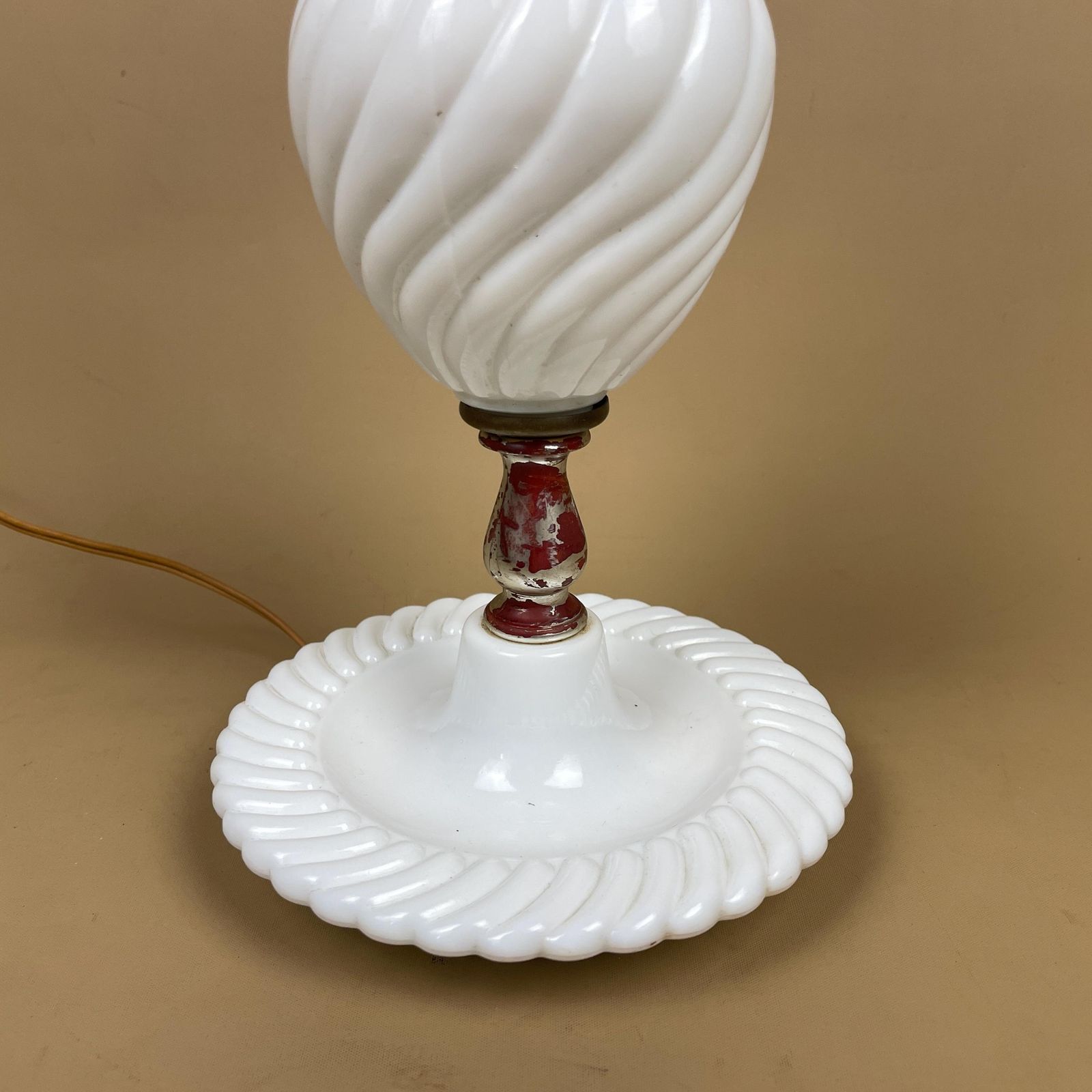 Vintage Milk Glass White Lamp Light Table Swirl Pattern Boudoir Accent 33cm Bedside Side Swirled Design Round Ball photo for sale