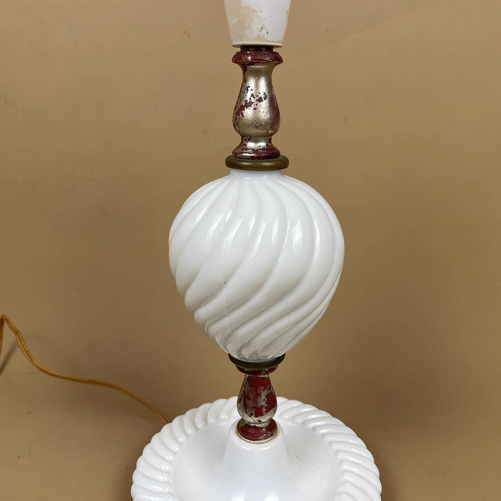 Vintage Milk Glass White Lamp Light Table Swirl Pattern Boudoir Accent 33cm Bedside Side Swirled Design Round Ball photo Lighting