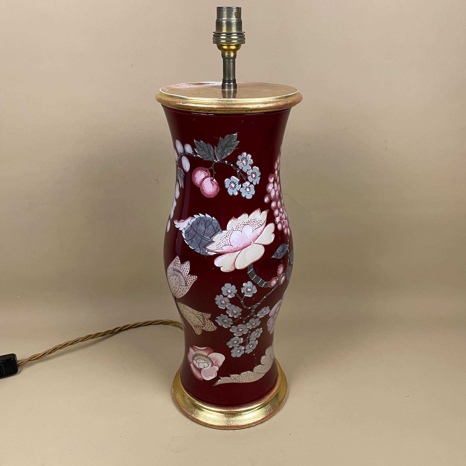 Antique Glass Gold Red Floral Patterned Lamp Light Bedside Side Table Decoupage Desk Vase Ornate Round Base Vintage Boudoir Accent Wood photo vintage