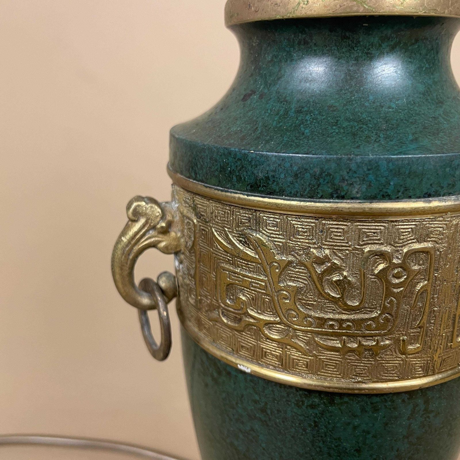 Antique Lamp Light Bedside Table Gold Brass Metal Design Pattern Oriental Chinese Vase Ginger Tea Jar Brass Vintage Painted Green Handles photo furniture