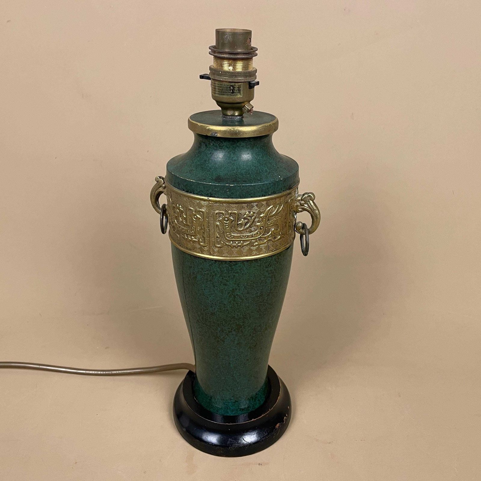 Antique Lamp Light Bedside Table Gold Brass Metal Design Pattern Oriental Chinese Vase Ginger Tea Jar Brass Vintage Painted Green Handles photo for sale