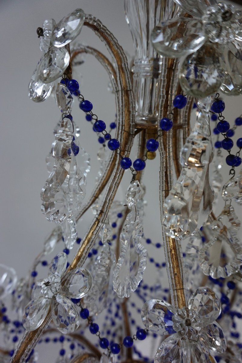 photo vinterior Italian Chandelier With Cobalt Blue Murano Glass Beaded Strings And Crystal Flowers, 1940s