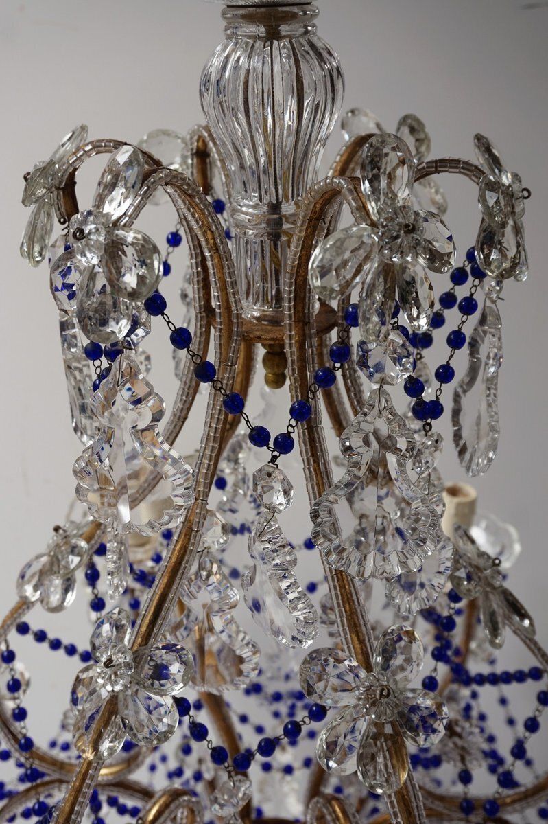 photo buy Italian Chandelier With Cobalt Blue Murano Glass Beaded Strings And Crystal Flowers, 1940s