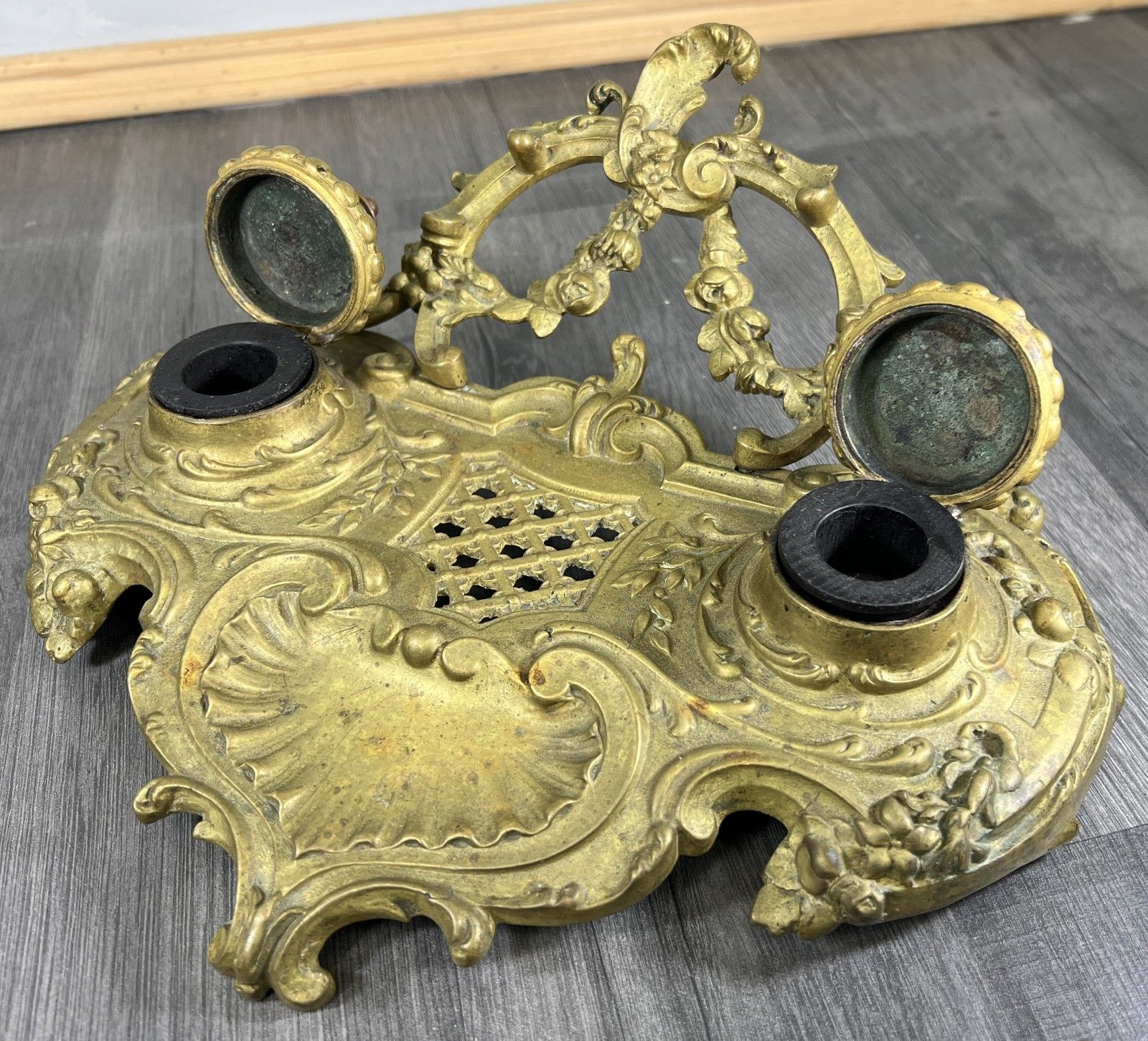Inkwell Set Vintage French Brass Ornate Desk Stand Accessory Lot 4681 photo for sale