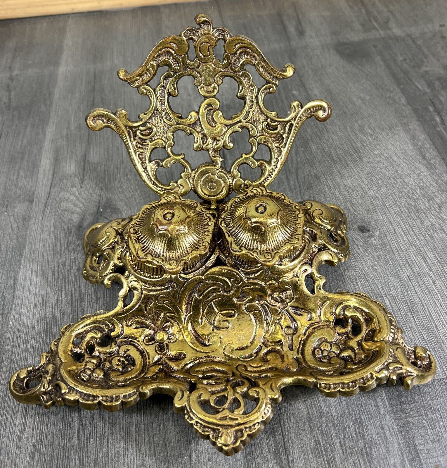 Inkwell Set Vintage French Brass Ornate Desk Accessory Lot 4688 photo furniture