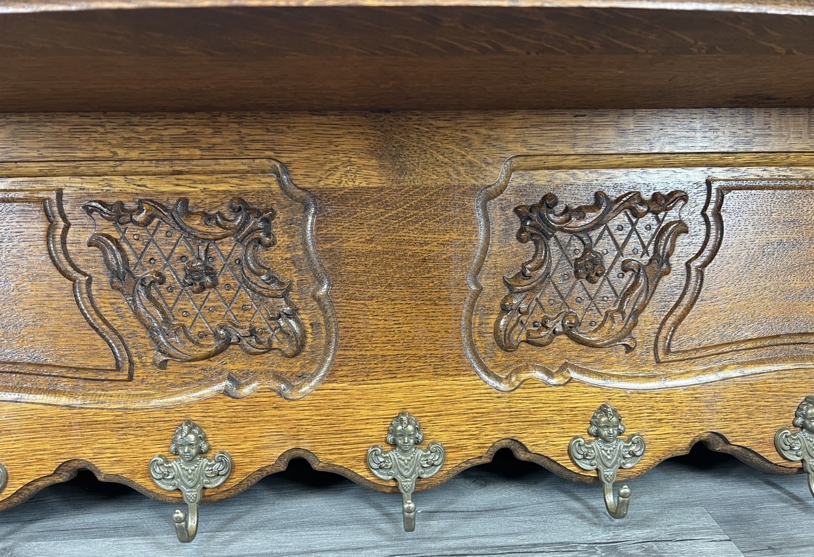 French Vintage Style Coat Rack Oak 7 Hooks Ornate Wall Shelf Coat Lot 4737 photo vintage