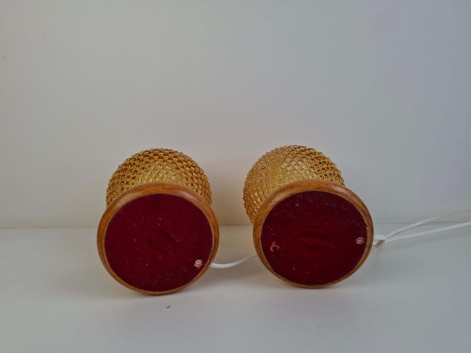 Pair Of Mid Century Table Lamps With Amber Glass And Wood Base, Czechoslovakia photo Lighting