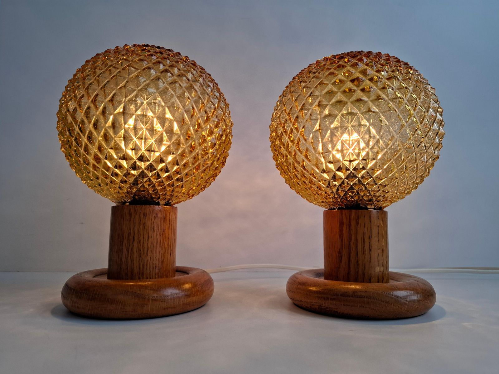 Pair Of Mid Century Table Lamps With Amber Glass And Wood Base, Czechoslovakia photo buy