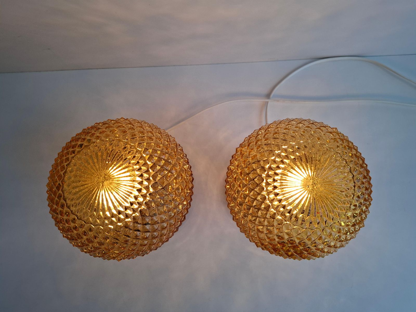 Pair Of Mid Century Table Lamps With Amber Glass And Wood Base, Czechoslovakia photo vintage