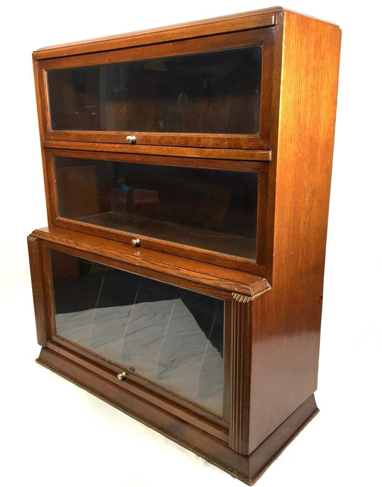 Antique 1950s Wooden Display Barristers Style Bookcase Cabinet With Glazed Doors photo for sale