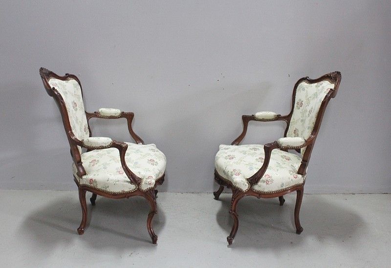 Pair Of Louis XV Cabriolet Armchairs With Queen 19th Century photo vintage