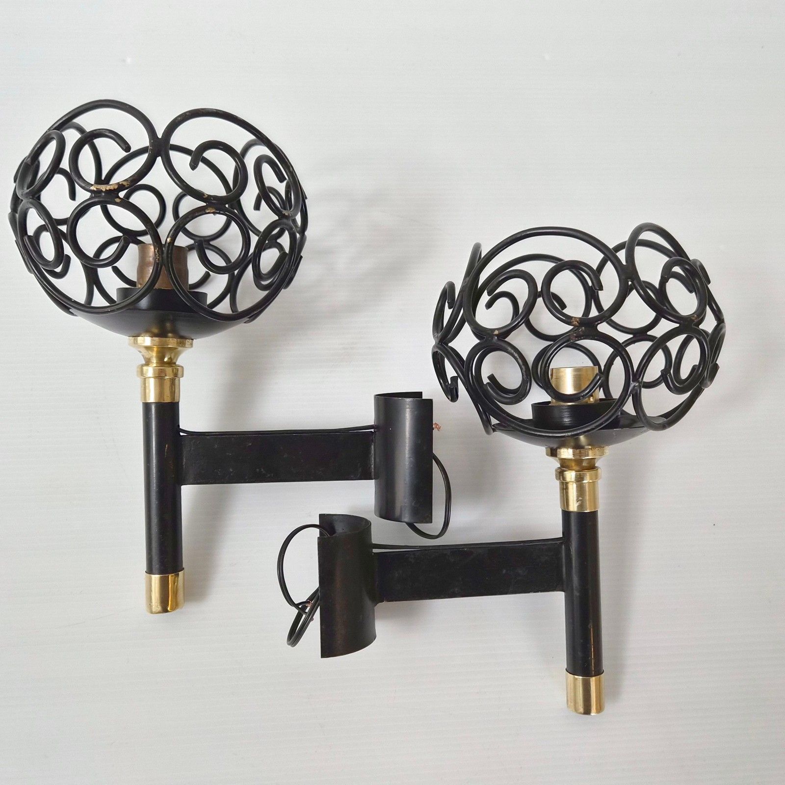 234.0 Pair Of Vintage 1950s Black Lacquer Metal & Gold Brass Sconces 50s Rockabilly photo