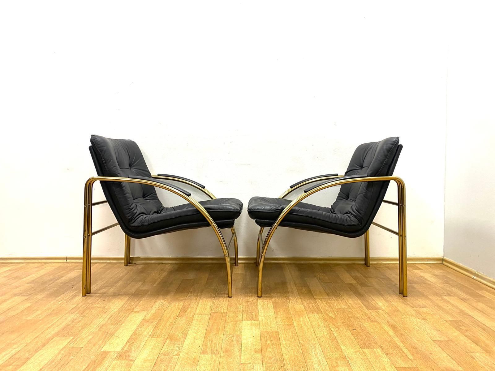 Vintage Leather And Metal Armchairs, 1990s, Set Of 2 photo for sale