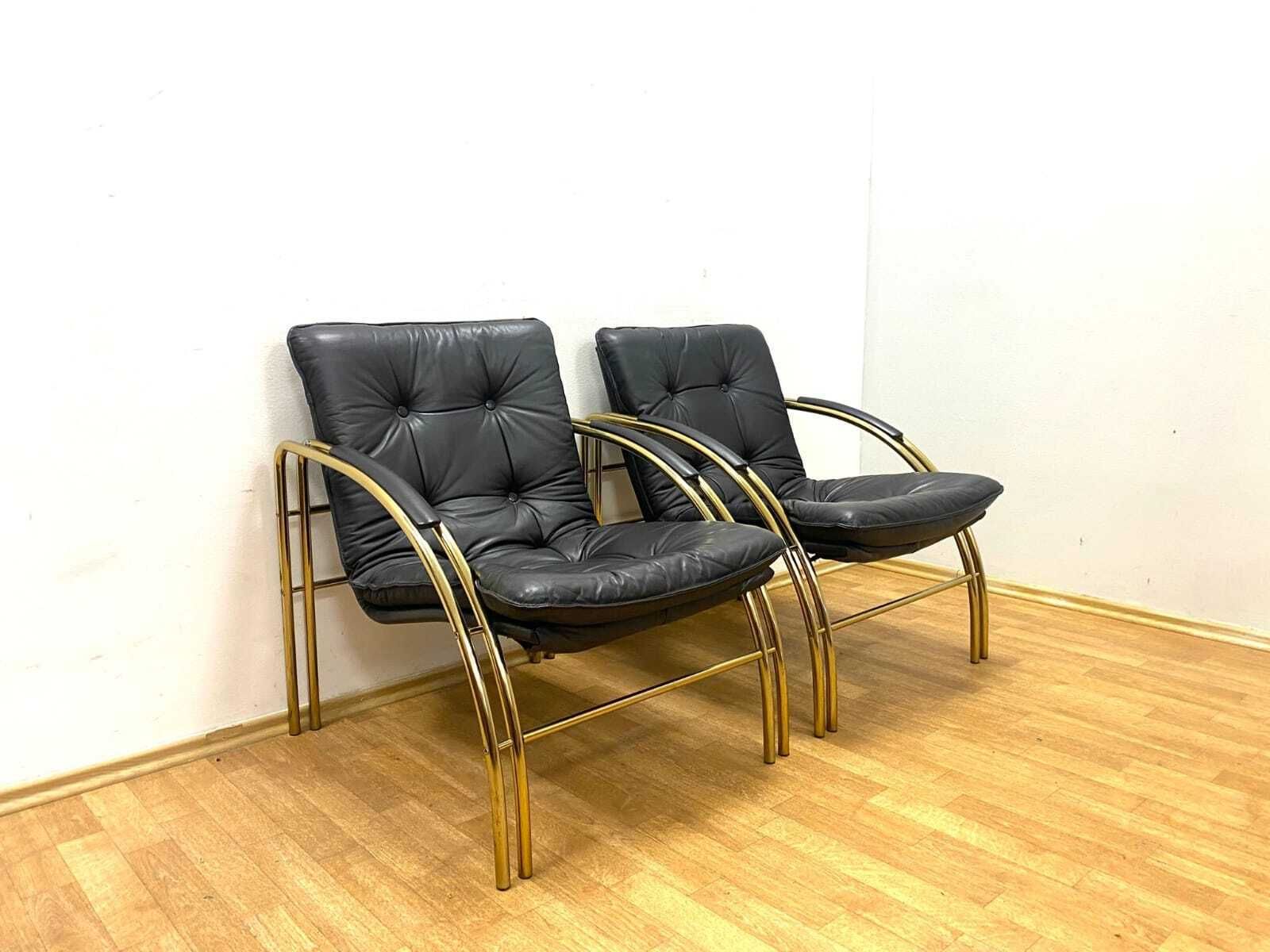 Vintage Leather And Metal Armchairs, 1990s, Set Of 2