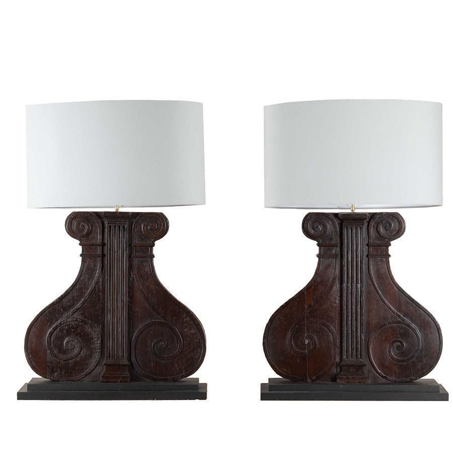 Large Pair Of 19th Century Italian Carved Wooden Lamps