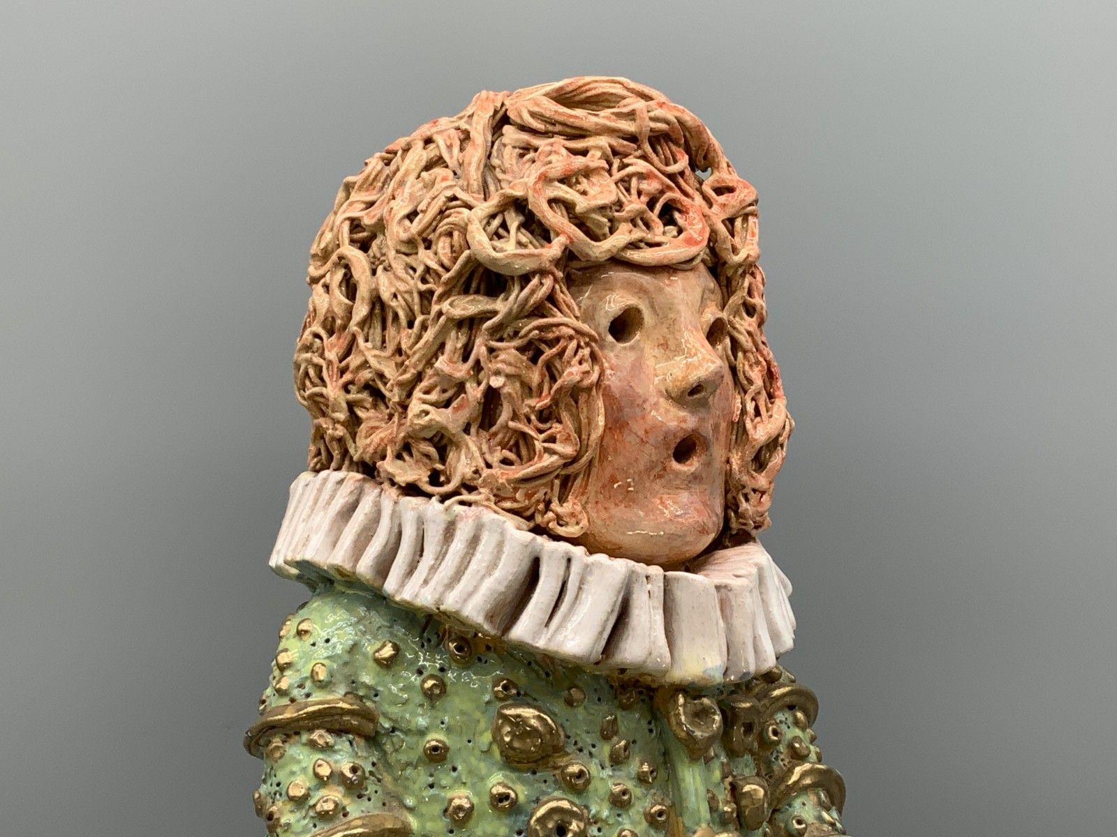 photo vintage Large Elizabethan Dressed Lady Faience Pottery Sculpture Polychrome Figurine