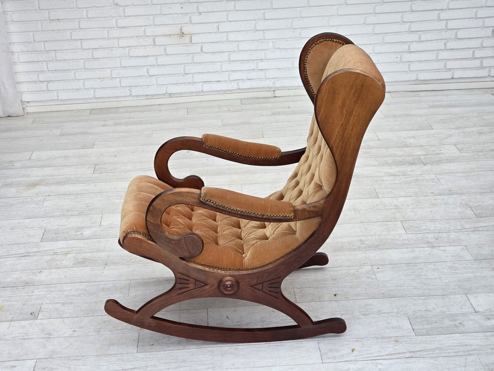 1960s, Scandinavian Rocking Chair, Furniture Velour, Dark Beech Wood. photo for sale