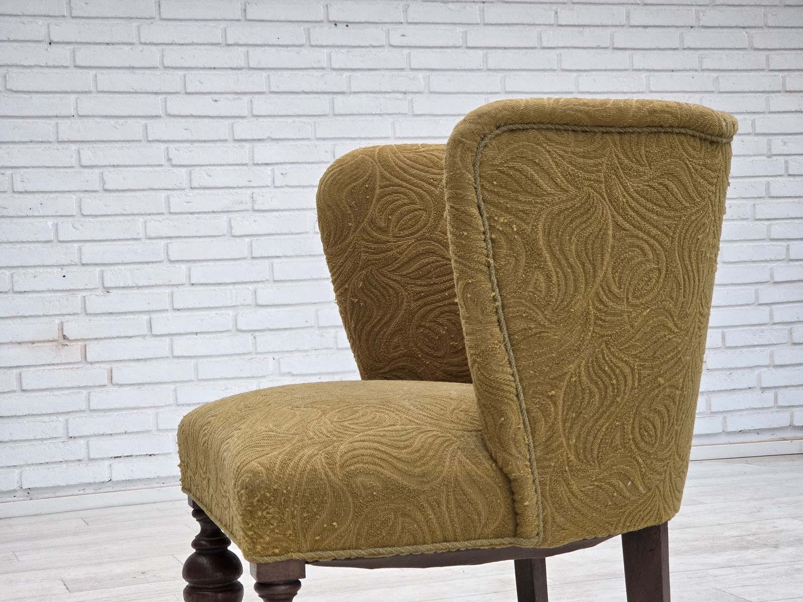 1950s, Danish Lounge Chair, Green Furniture Velour/Wool, Dark Oak Wood. photo vinterior