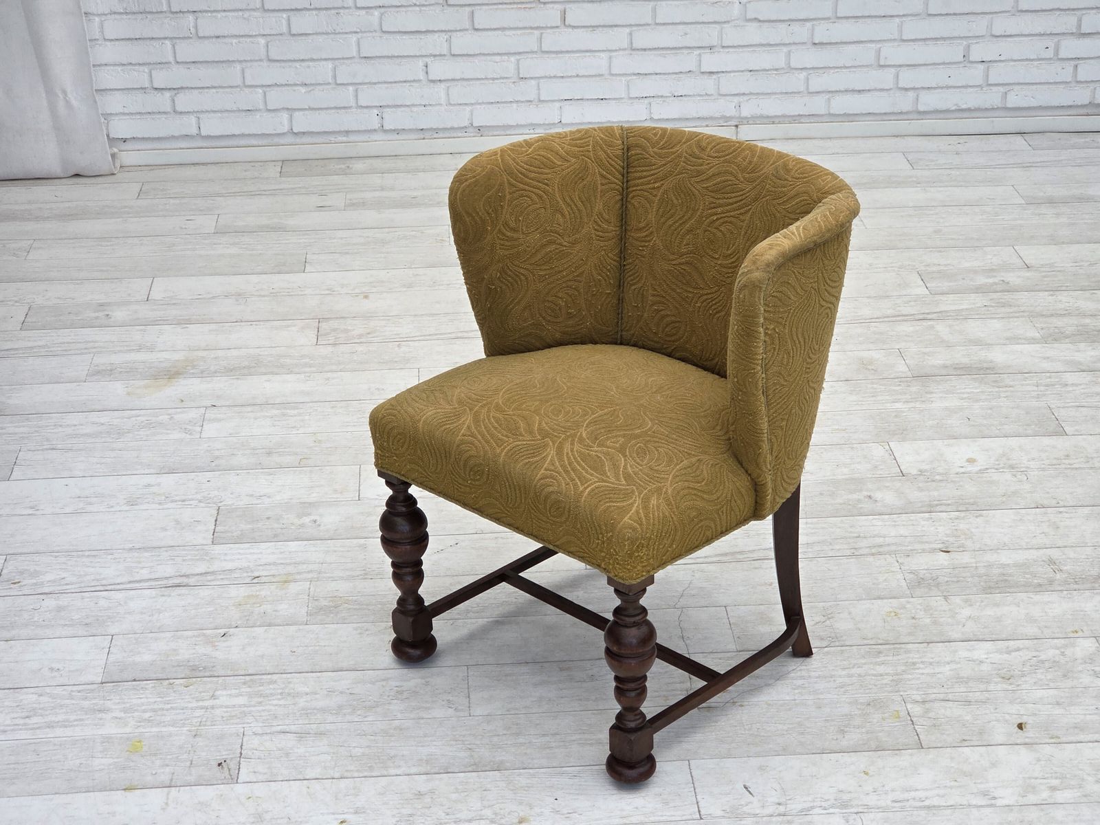 1950s, Danish Lounge Chair, Green Furniture Velour/Wool, Dark Oak Wood. photo vintage