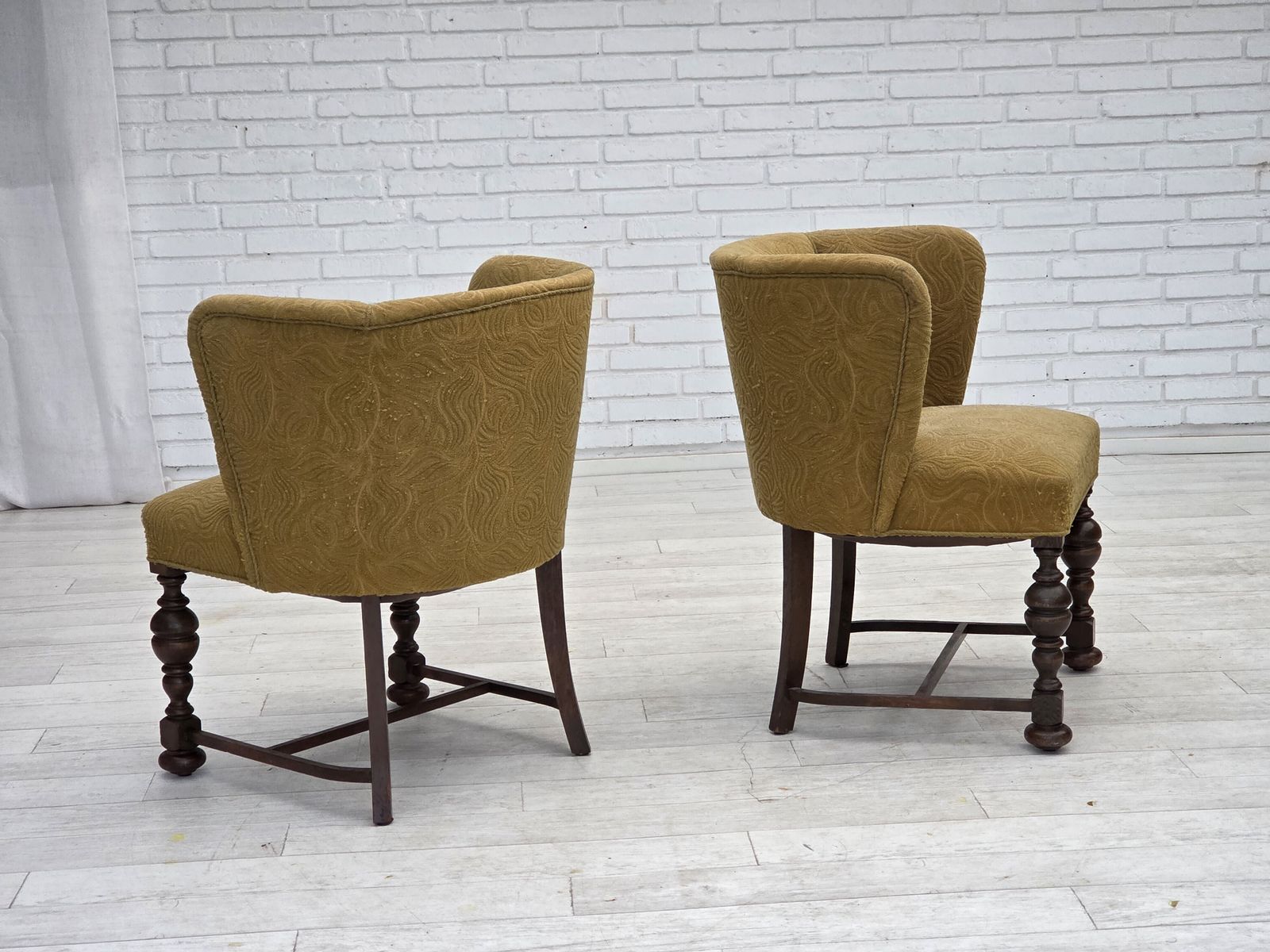 photo buy 1950s, Danish Lounge Chair, Green Furniture Velour/Wool, Dark Oak Wood.
