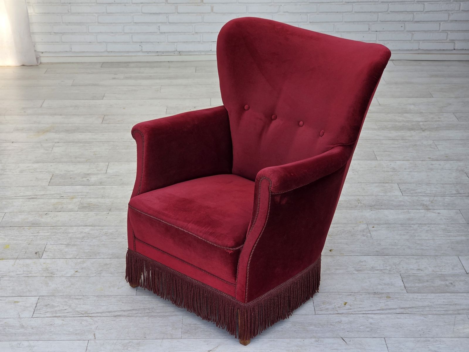 1970s, Danish Armchair, Cherry Red Furniture Velour, Oak Wood Legs. photo buy