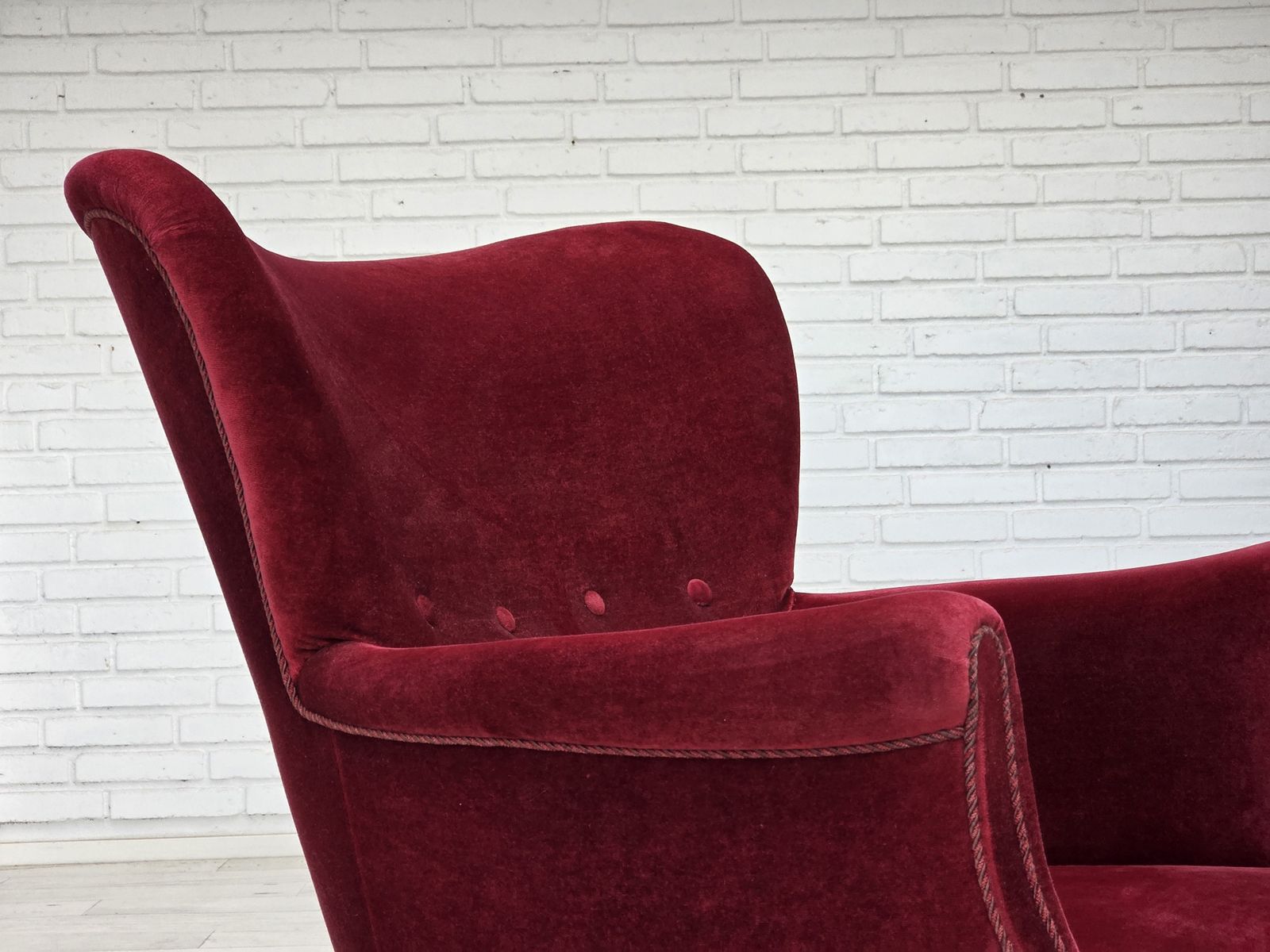 photo furniture 1970s, Danish Armchair, Cherry Red Furniture Velour, Oak Wood Legs.