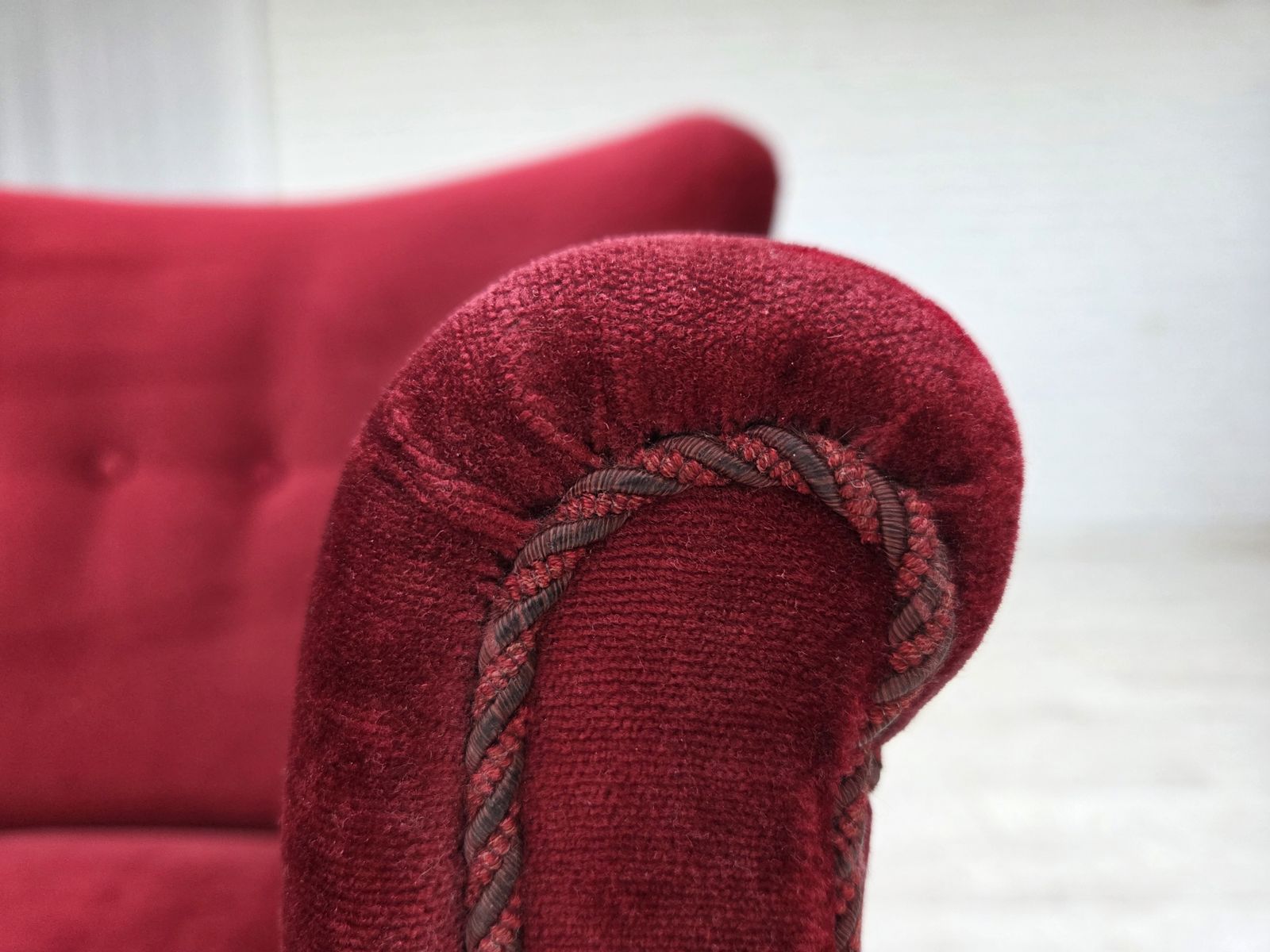 1970s, Danish Armchair, Cherry Red Furniture Velour, Oak Wood Legs. photo for sale