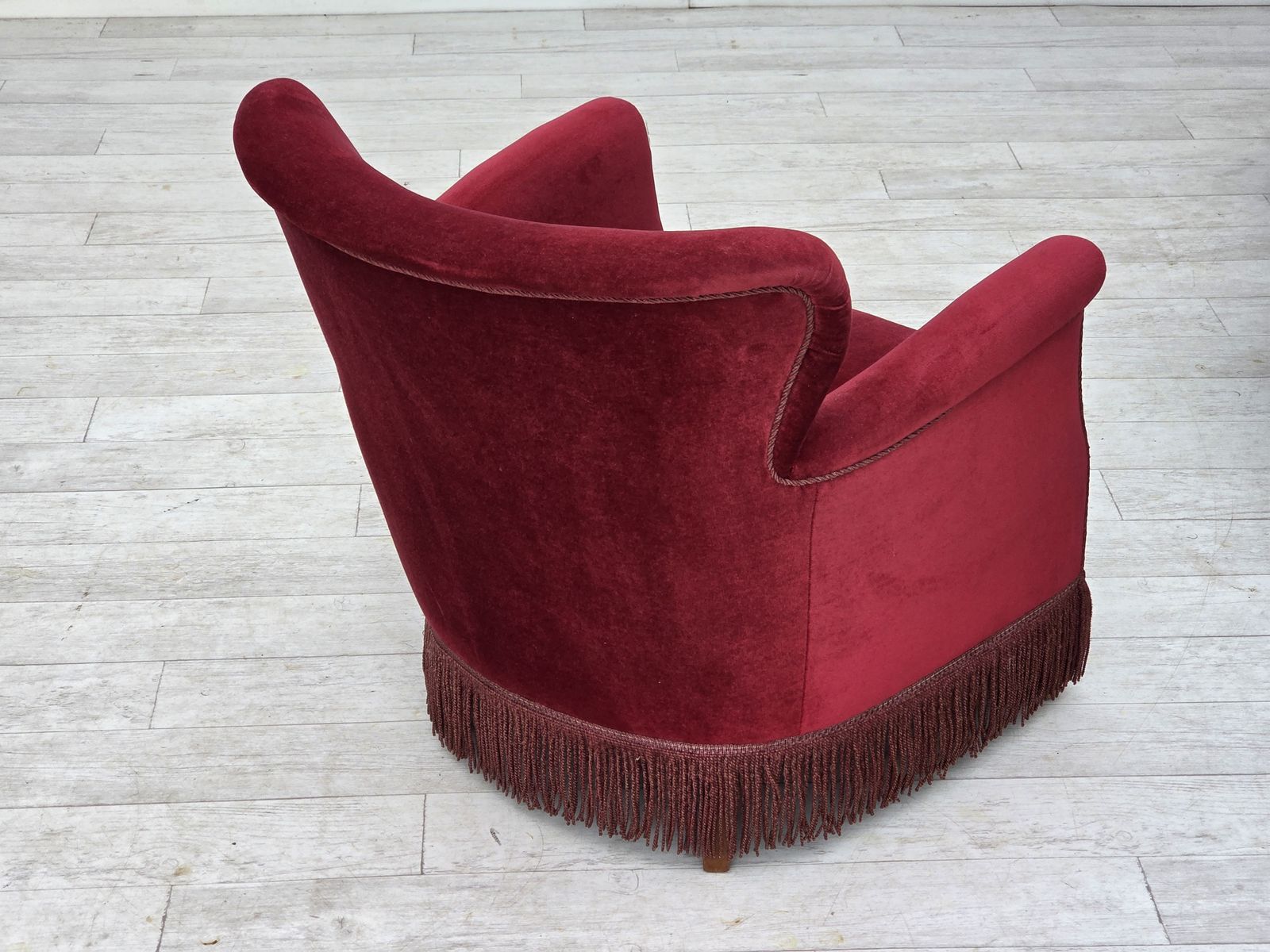 1970s, Danish Armchair, Cherry Red Furniture Velour, Oak Wood Legs. photo vintage