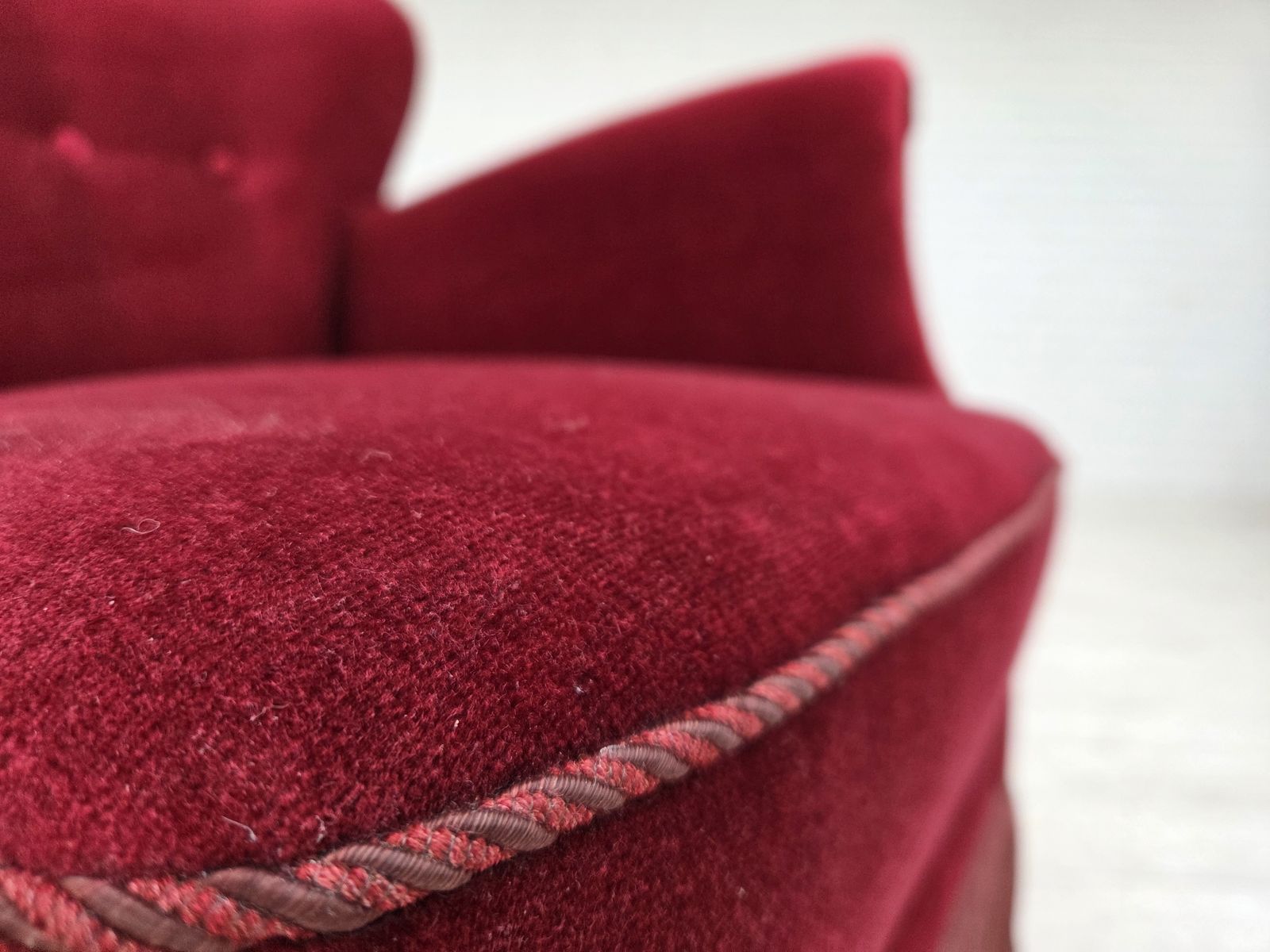 1220.0 1970s, Danish Armchair, Cherry Red Furniture Velour, Oak Wood Legs. photo