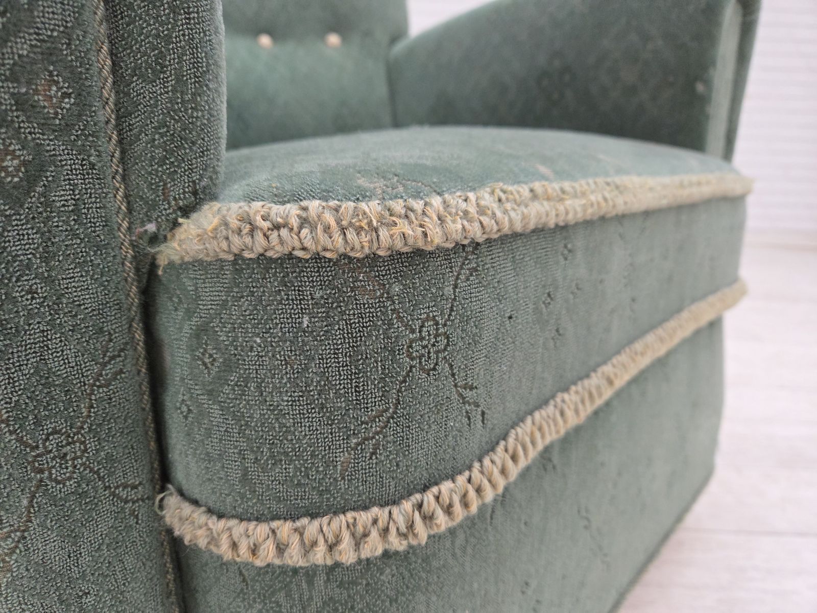 1960s, Danish Armchair, Light Green Furniture Wool, Oak Wood Legs. photo buy