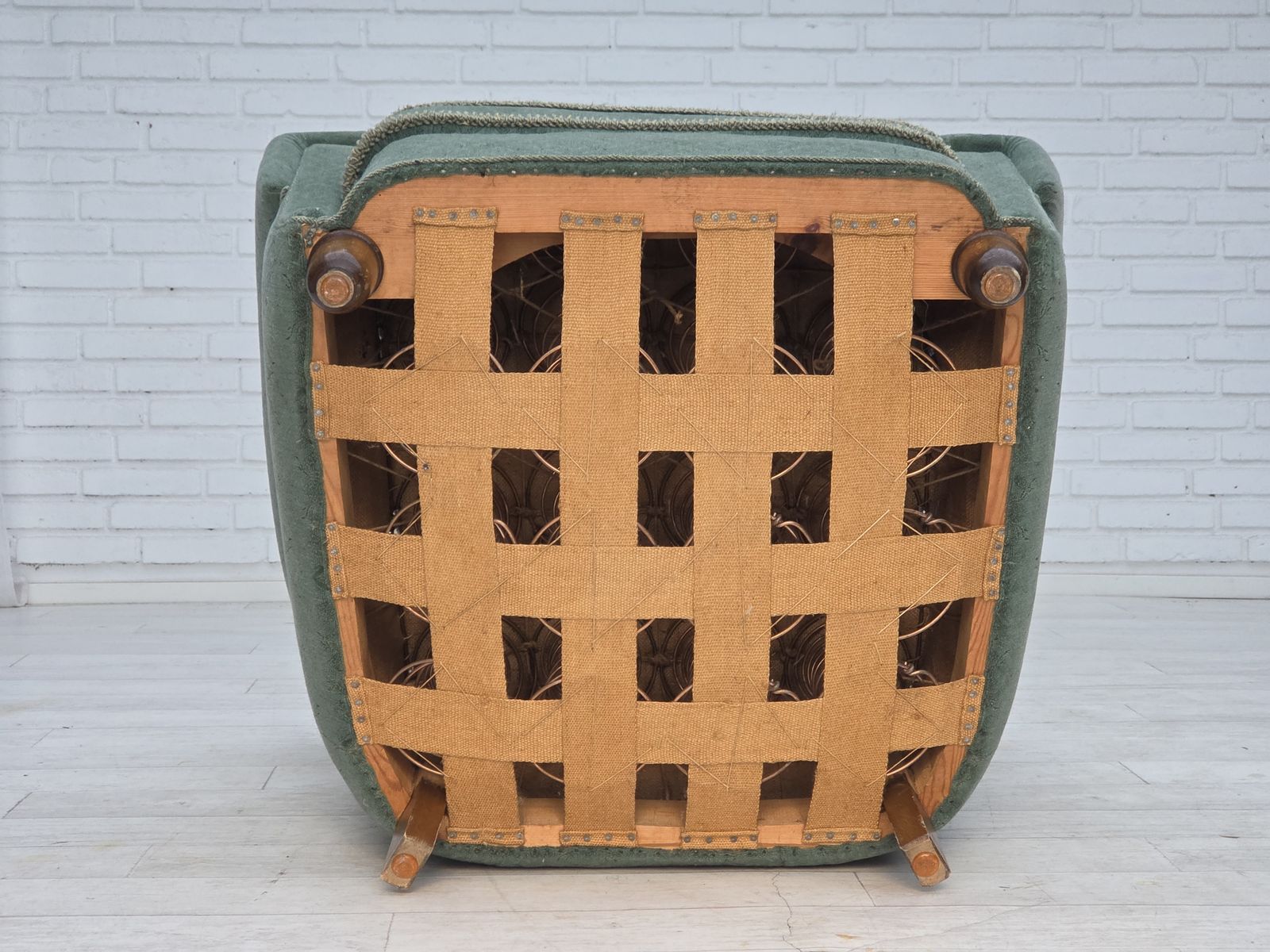photo for sale 1960s, Danish Armchair, Light Green Furniture Wool, Oak Wood Legs.