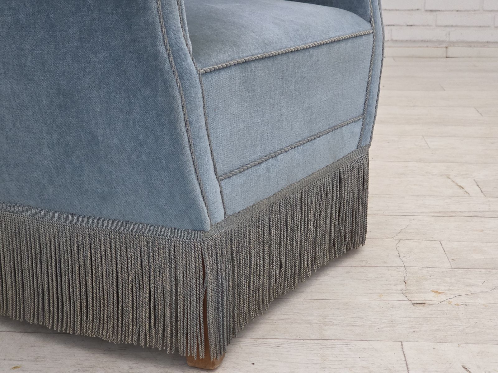 1970s, Danish Armchair With Footstool, Blue Furniture Velour, Oak Wood Legs. photo furniture