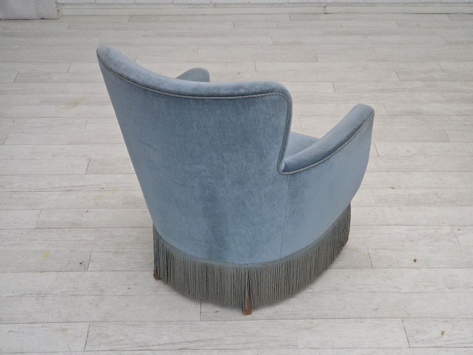 1970s, Danish Armchair With Footstool, Blue Furniture Velour, Oak Wood Legs. photo Furniture