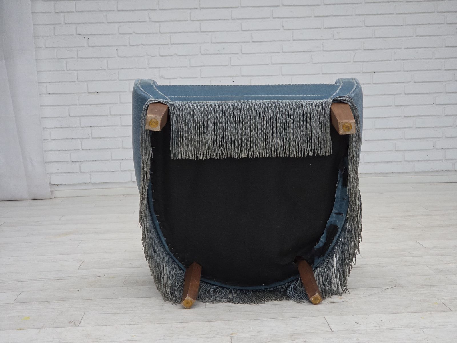 photo furniture 1970s, Danish Armchair With Footstool, Blue Furniture Velour, Oak Wood Legs.