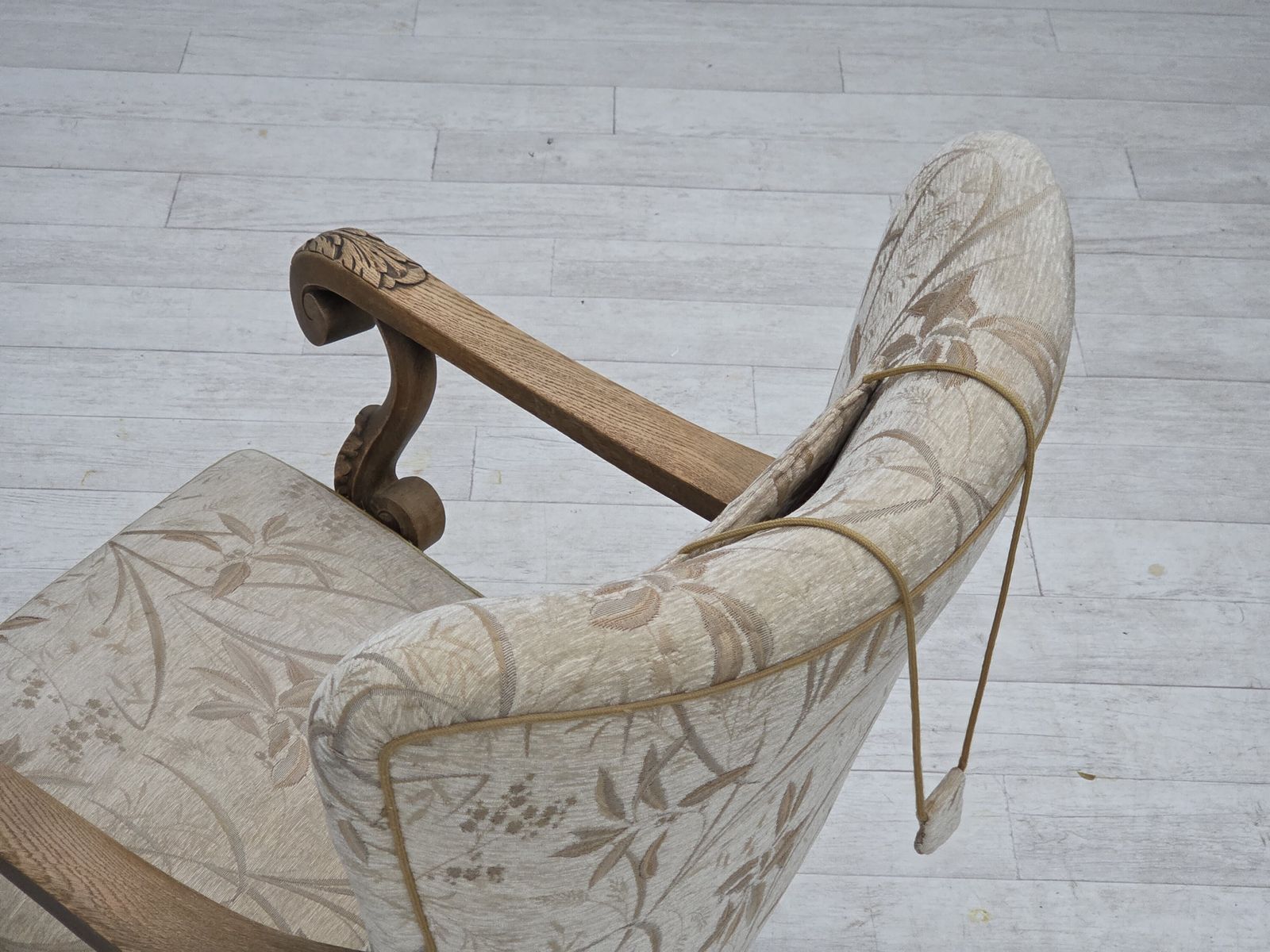 1960s, Danish Armchair, Beige/Brown Furniture Fabric, Carved Oak Wood. photo for sale
