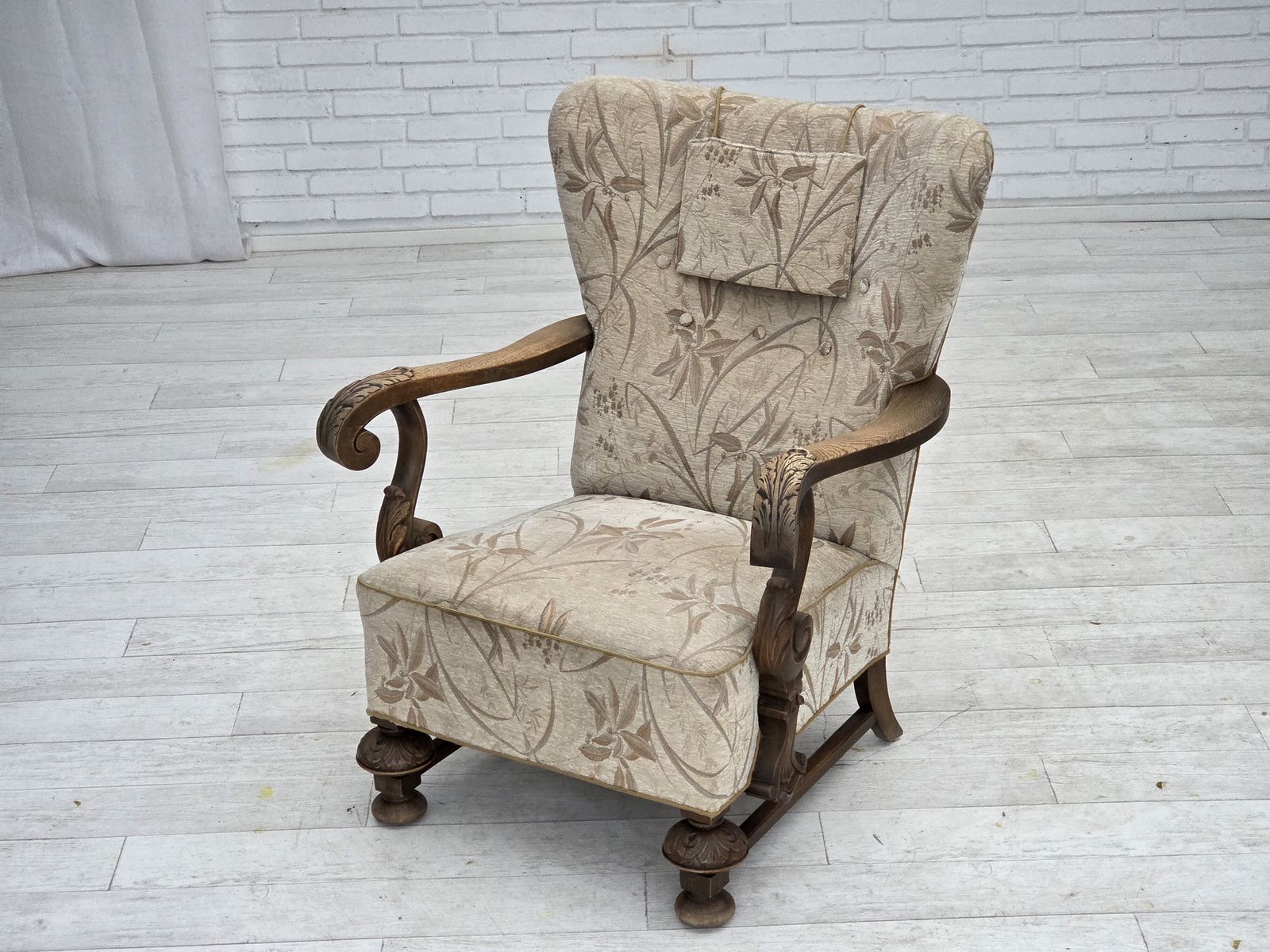 1960s, Danish Armchair, Beige/Brown Furniture Fabric, Carved Oak Wood. photo Furniture
