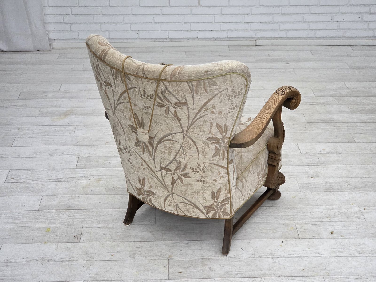 1960s, Danish Armchair, Beige/Brown Furniture Fabric, Carved Oak Wood. photo buy