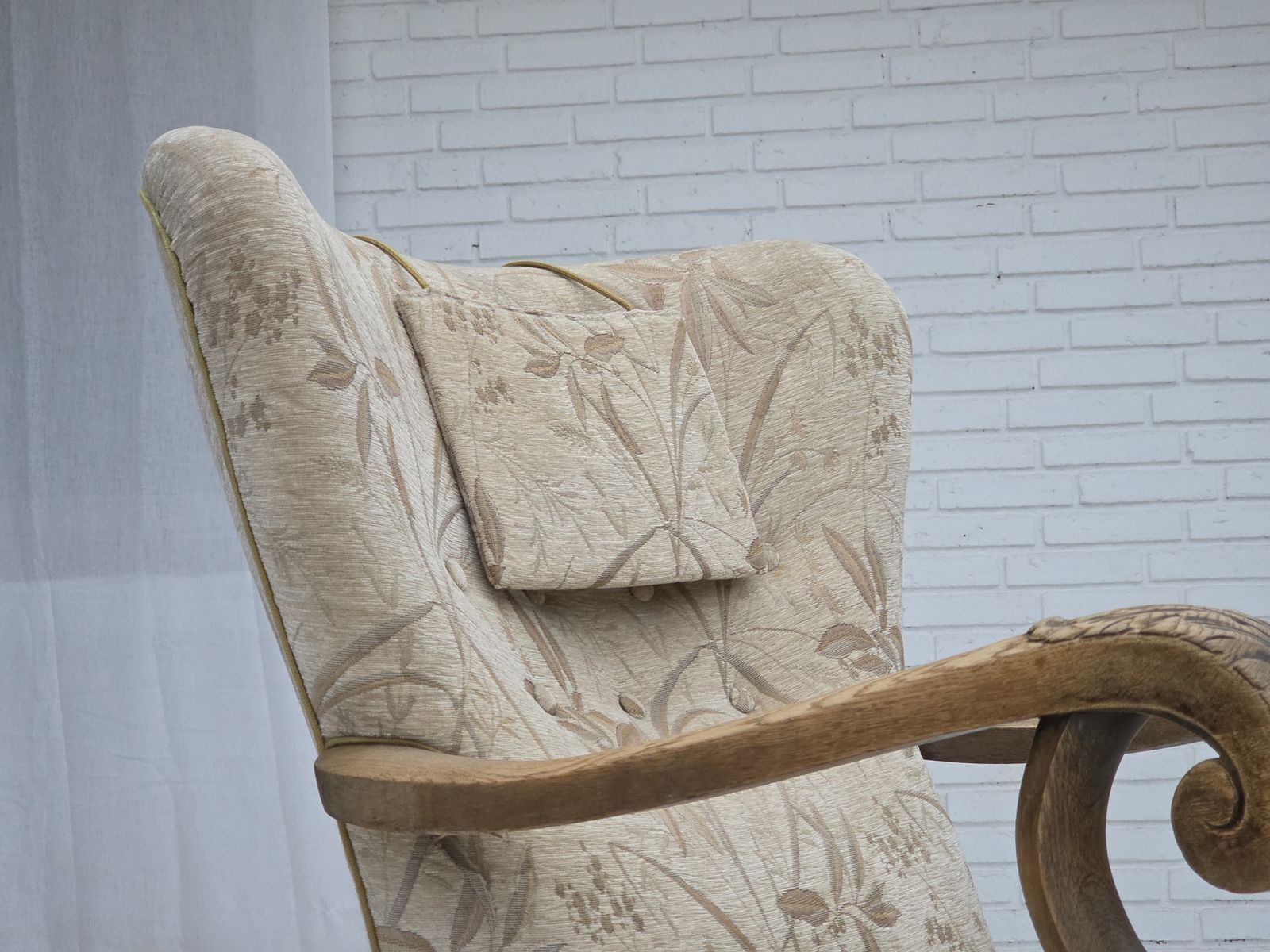 photo furniture 1960s, Danish Armchair, Beige/Brown Furniture Fabric, Carved Oak Wood.