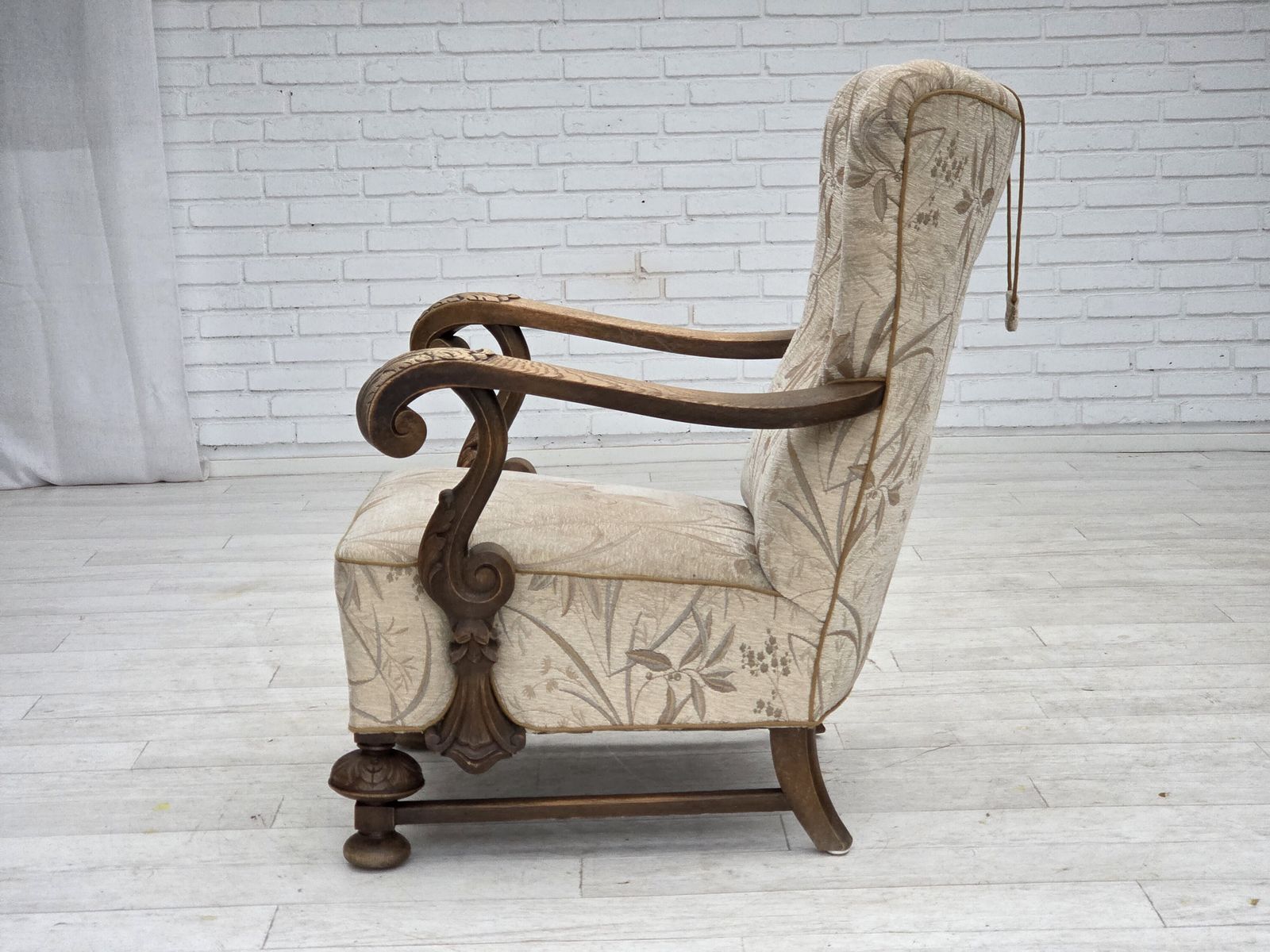 photo for sale 1960s, Danish Armchair, Beige/Brown Furniture Fabric, Carved Oak Wood.