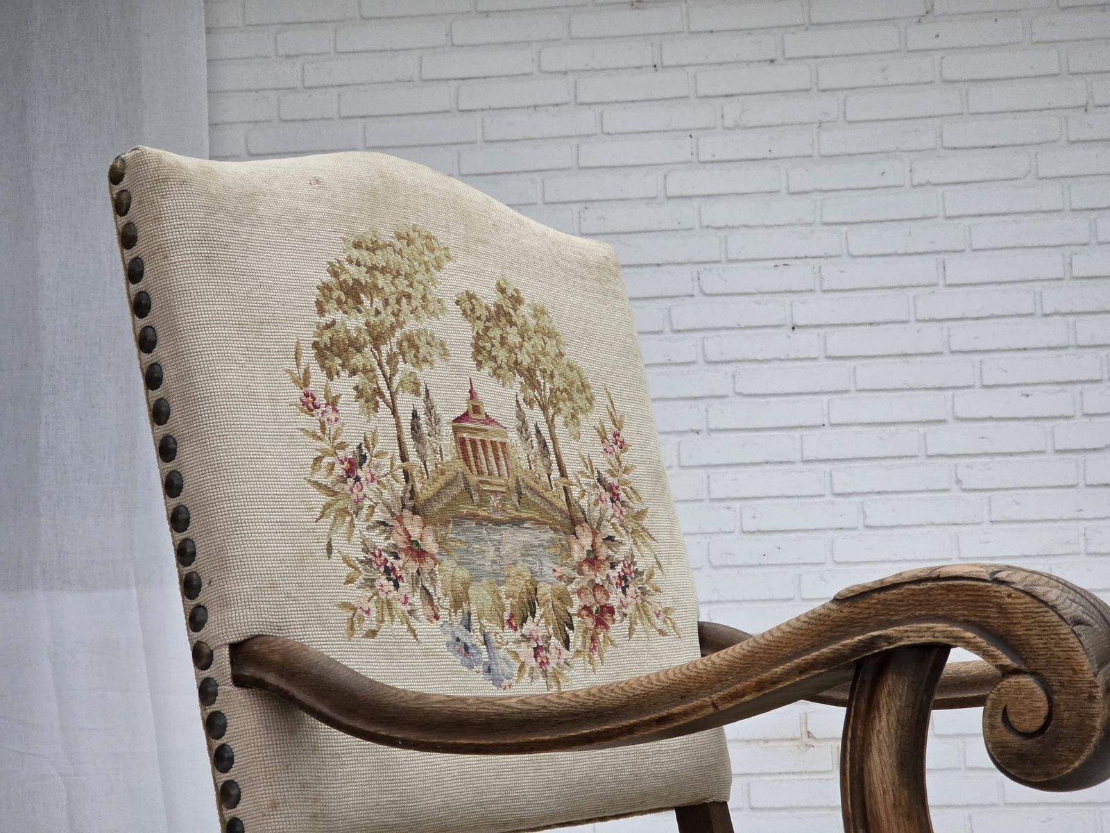 1950s, Danish Highback Armchair, Hand Woven Wool, Velour, Carved Oak Wood. photo for sale