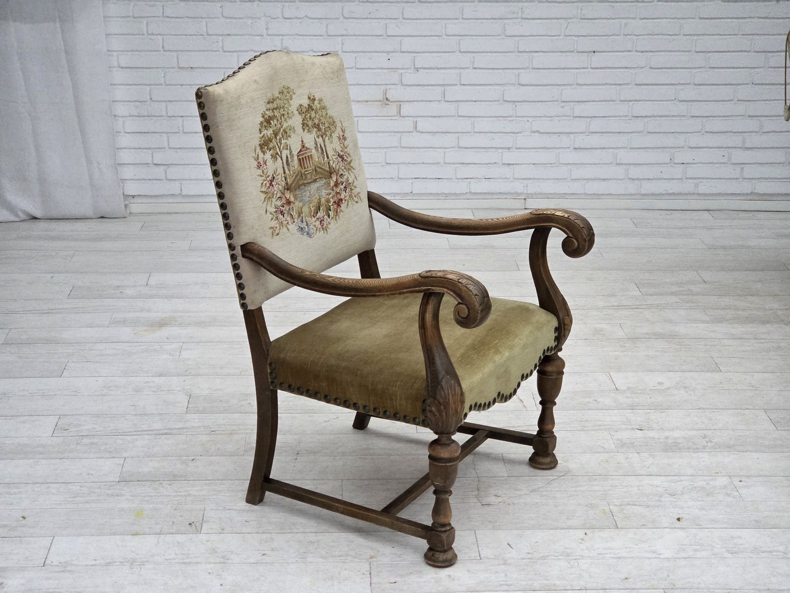 photo furniture 1950s, Danish Highback Armchair, Hand Woven Wool, Velour, Carved Oak Wood.