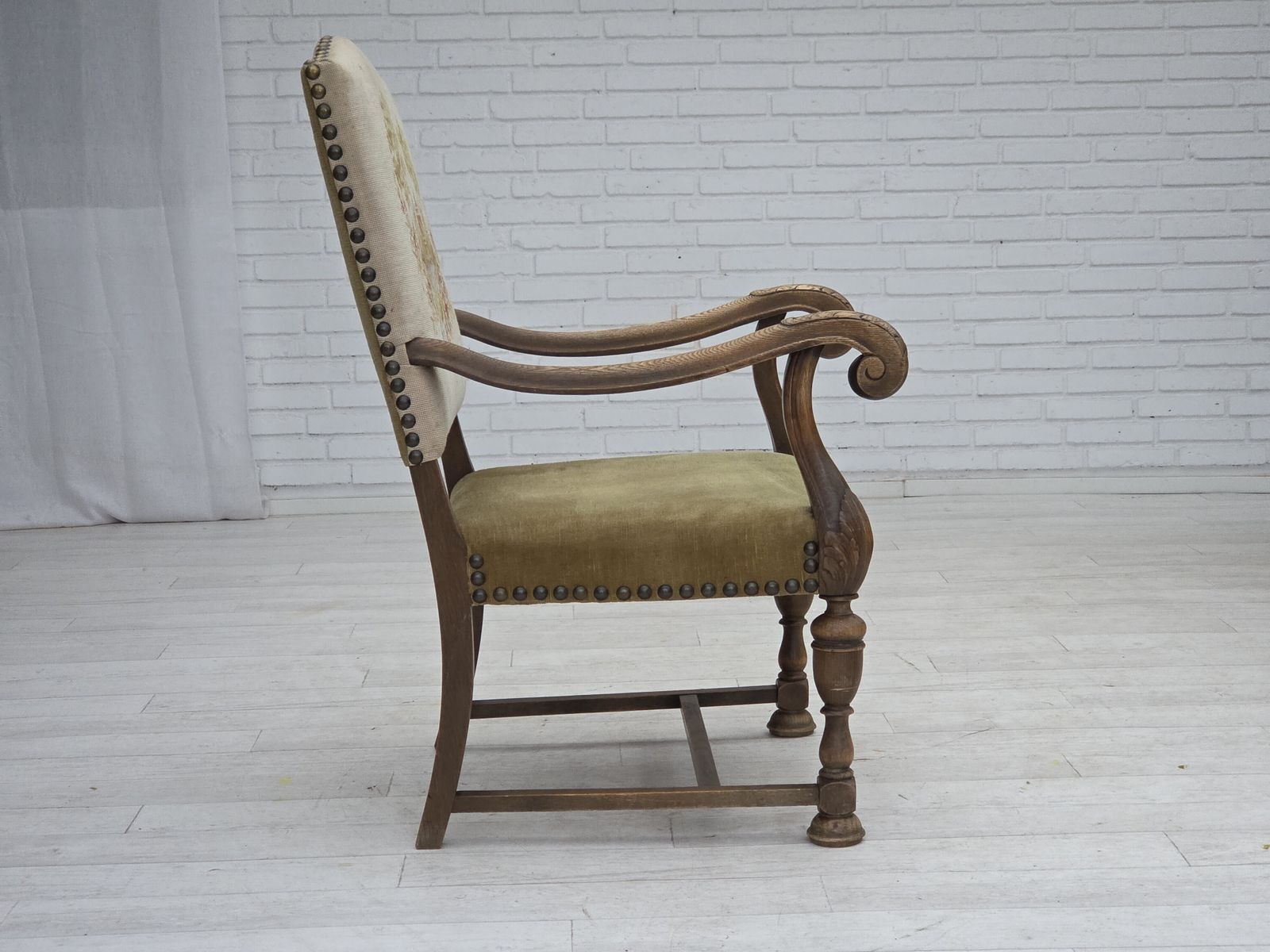 photo buy 1950s, Danish Highback Armchair, Hand Woven Wool, Velour, Carved Oak Wood.