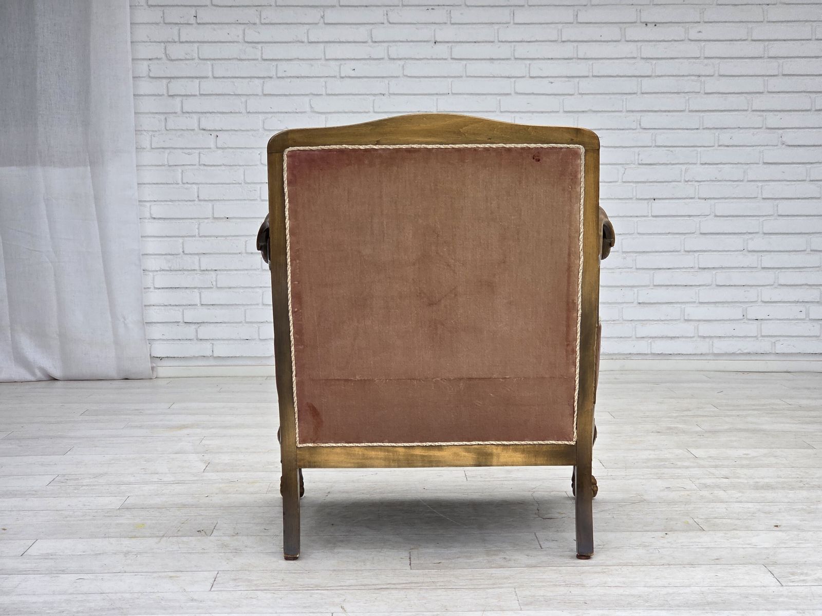1940s, Danish Armchair, Woven Wool, Velour, Furniture Mesh, Carved Oak Wood. photo 1390.0