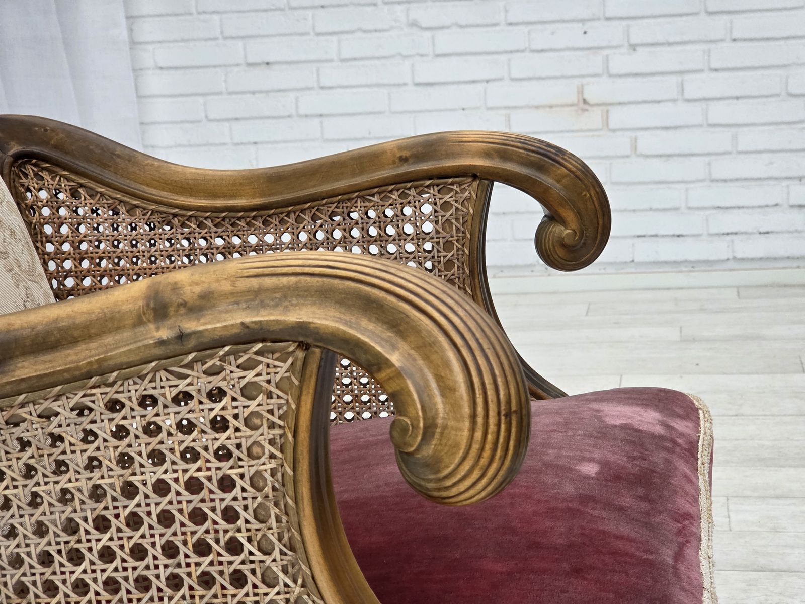 Furniture 1940s, Danish Armchair, Woven Wool, Velour, Furniture Mesh, Carved Oak Wood. photo