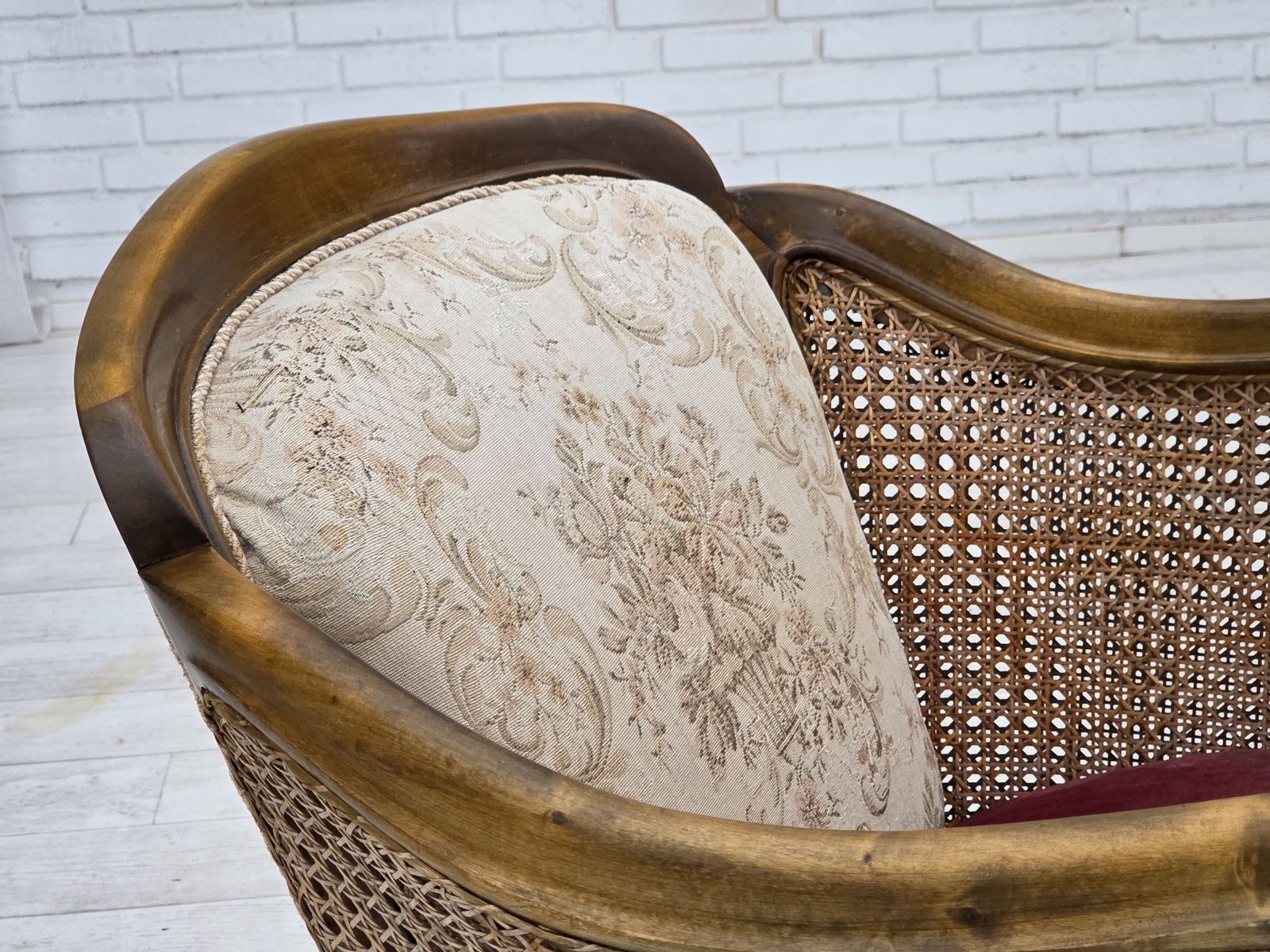 1390.0 1940s, Danish Armchair, Woven Wool, Velour, Furniture Mesh, Carved Oak Wood. photo
