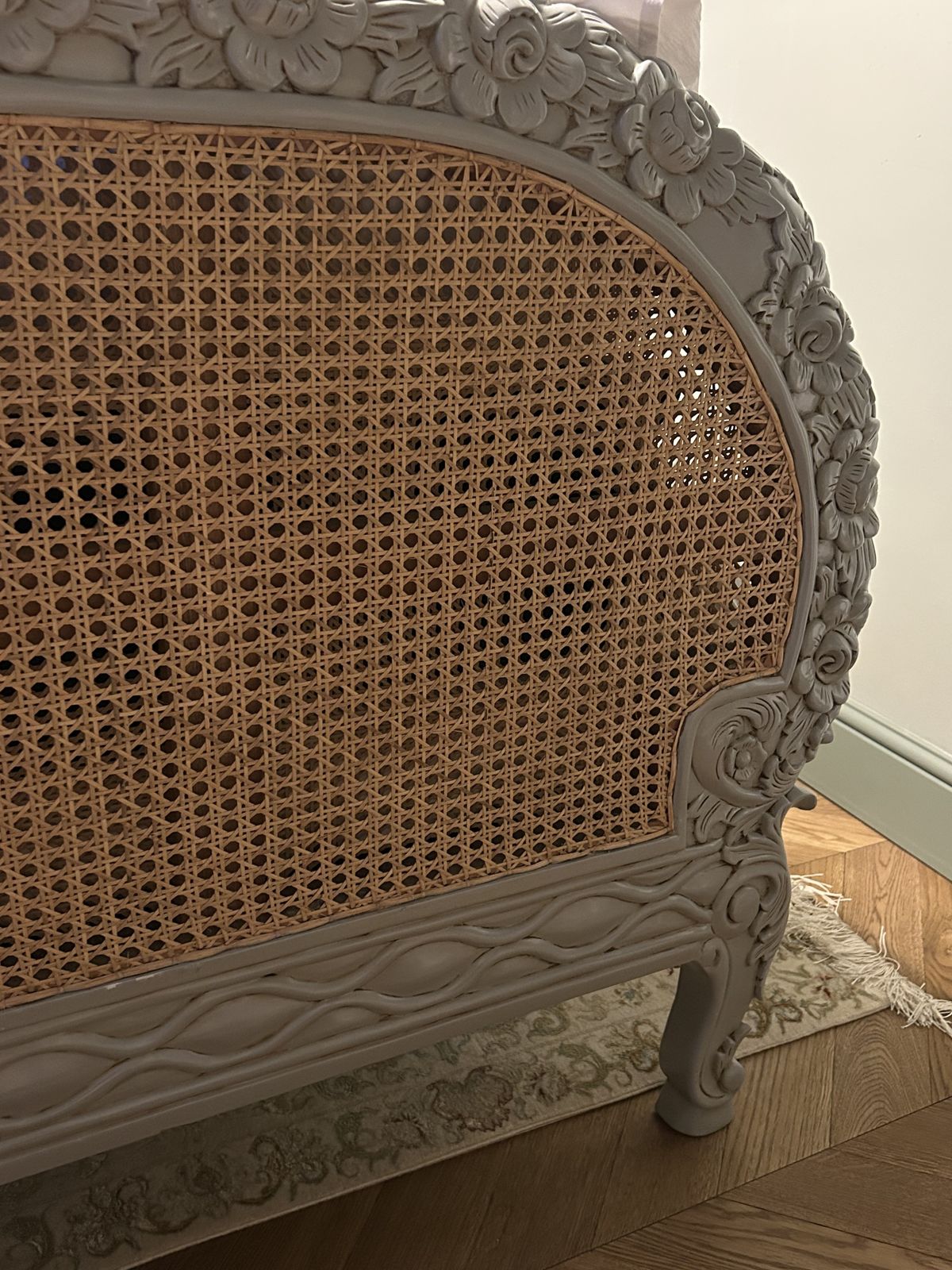 French Rattan Wooden Flower Detail Edging Double Bed Near New Condition. photo for sale