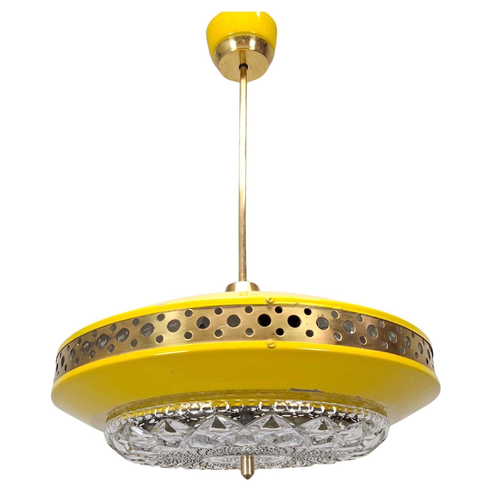 1970s Ludib Mid Century Pendant Lamp In Yellow Metal, Brass And Glass