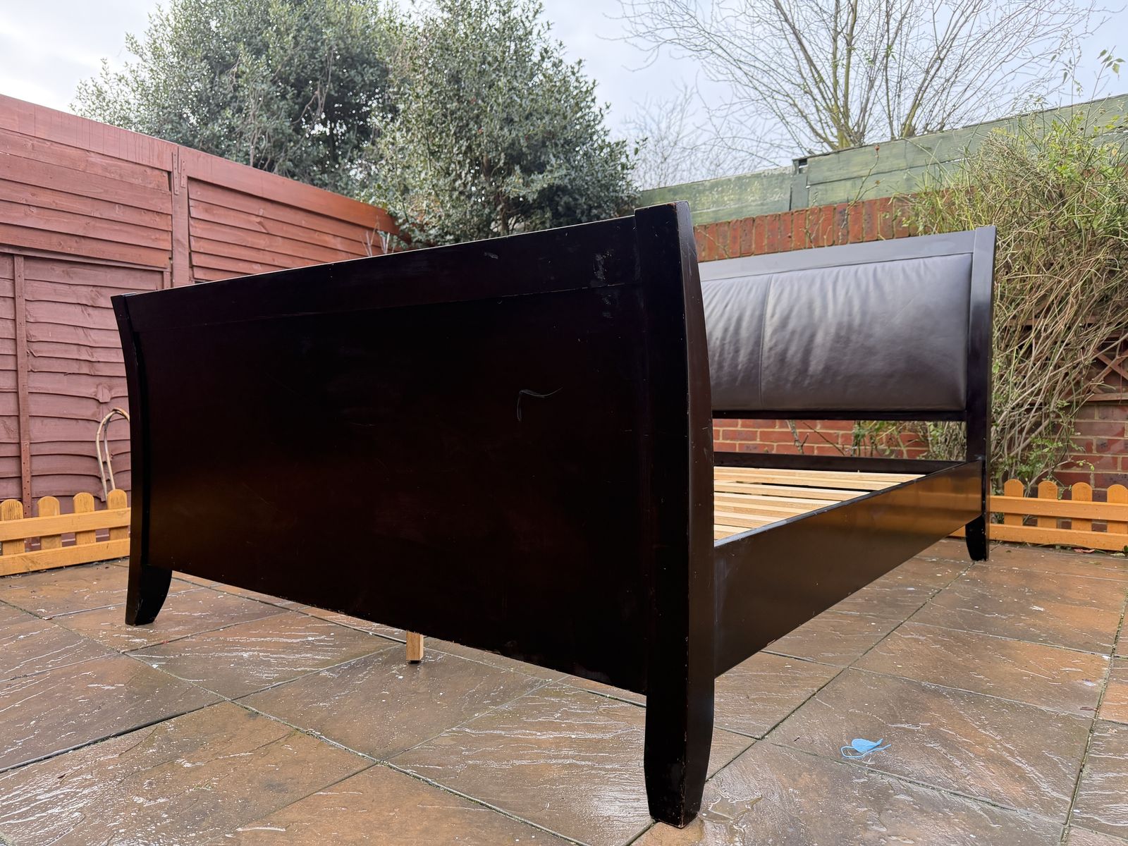 Stunning Deep Merlot Contemporary Sleigh King Bed Frame With Leatherette Head Board – Very Good Condition photo furniture
