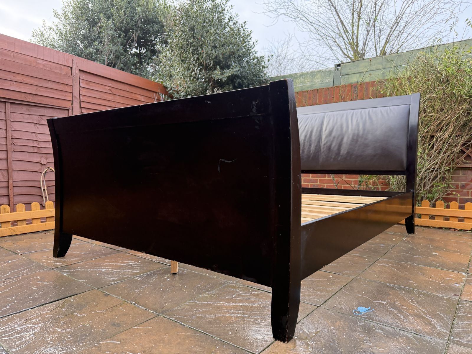 Stunning Deep Merlot Contemporary Sleigh King Bed Frame With Leatherette Head Board – Very Good Condition photo for sale